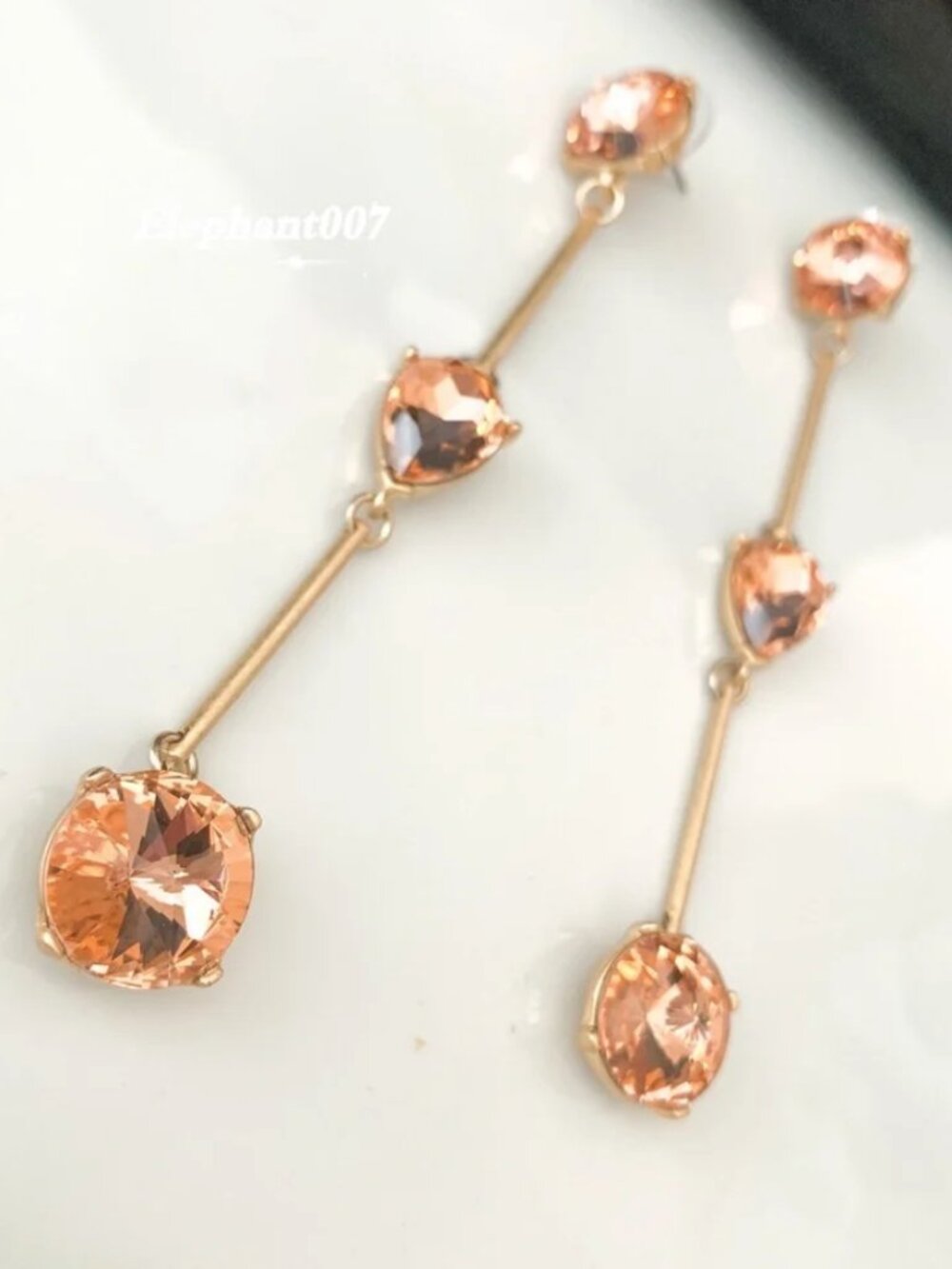Oscar de la Renta Peach Crystal Drop Earrings Gold Tone Linear Statement
